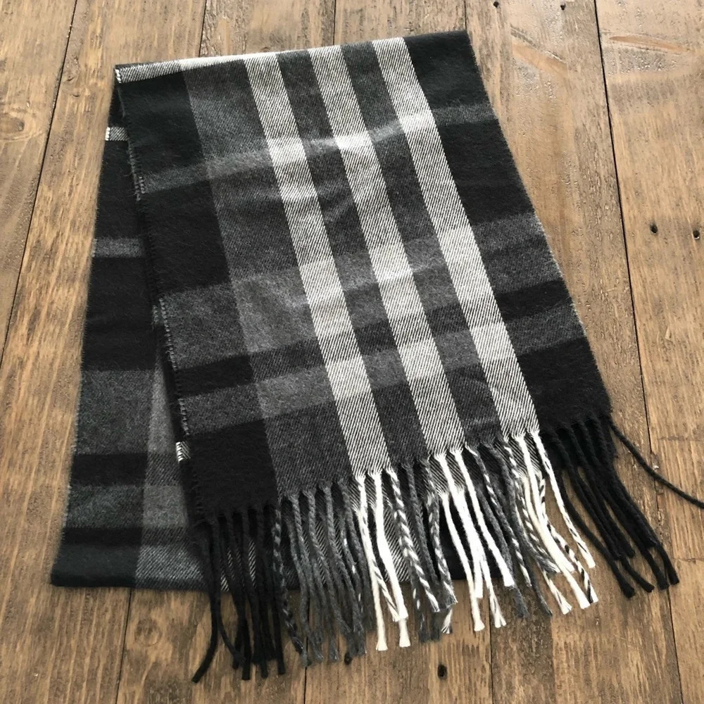 Black White Soft Plaid Winter Scarf fringe Gray Grey Unisex Cozy